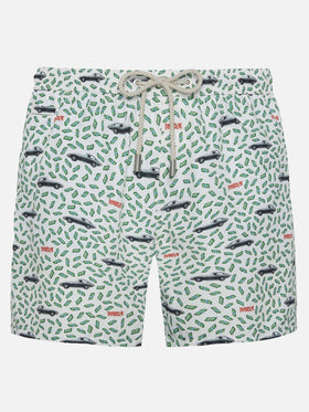 Herren-Badeshorts aus leichtem Stoff mit Auto- und Geldaufdruck | DIABOLIK SONDEREDITION