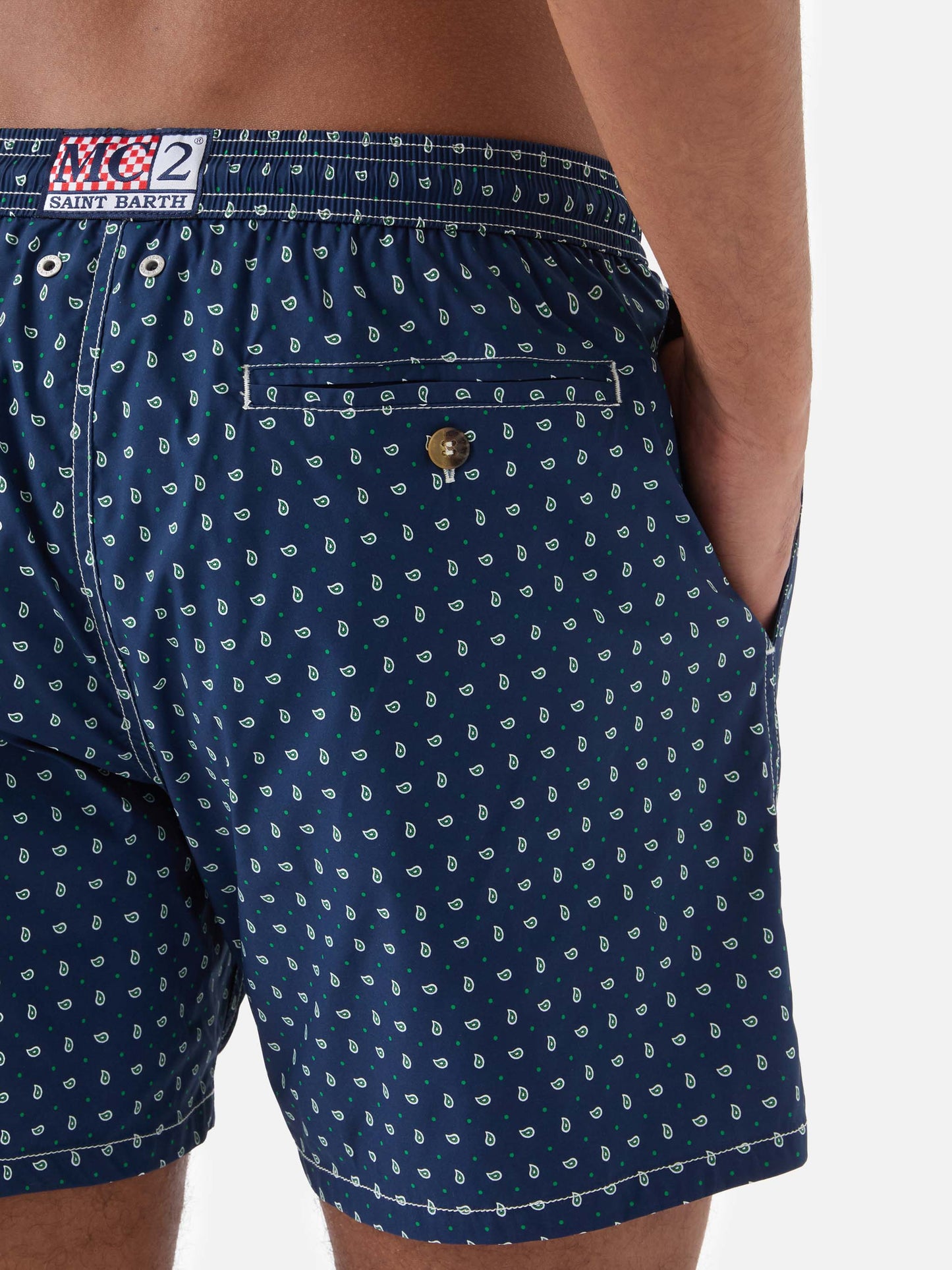 Navy Lighting Micro swim shorts with all-over paisley print