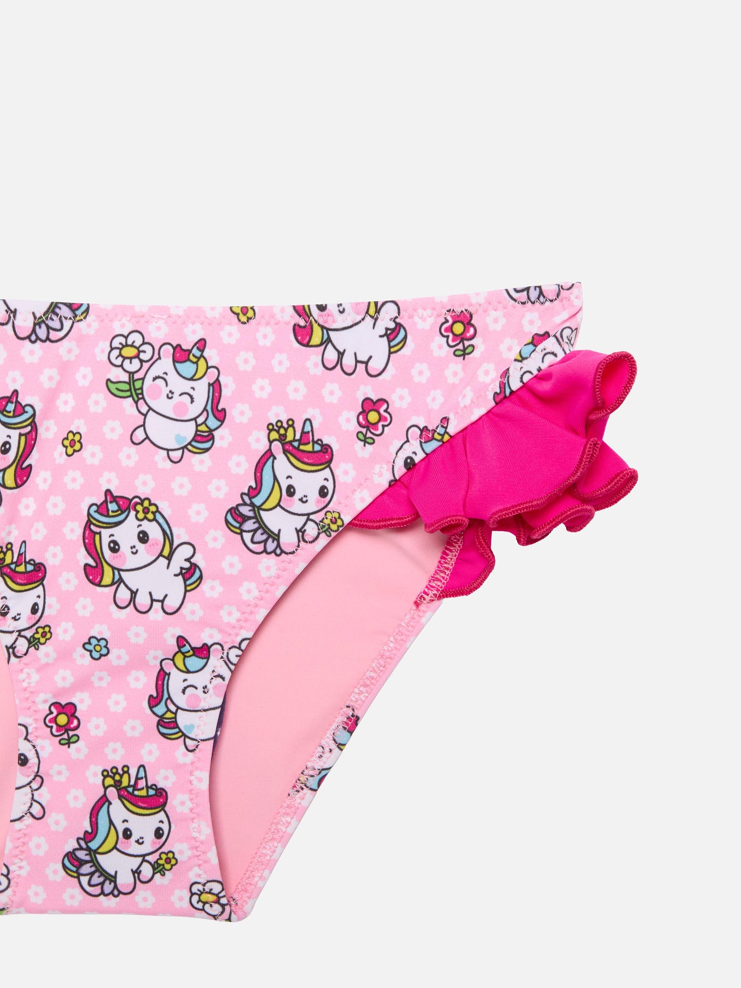 Bikini da bambina a fascia con volant e stampa unicorni