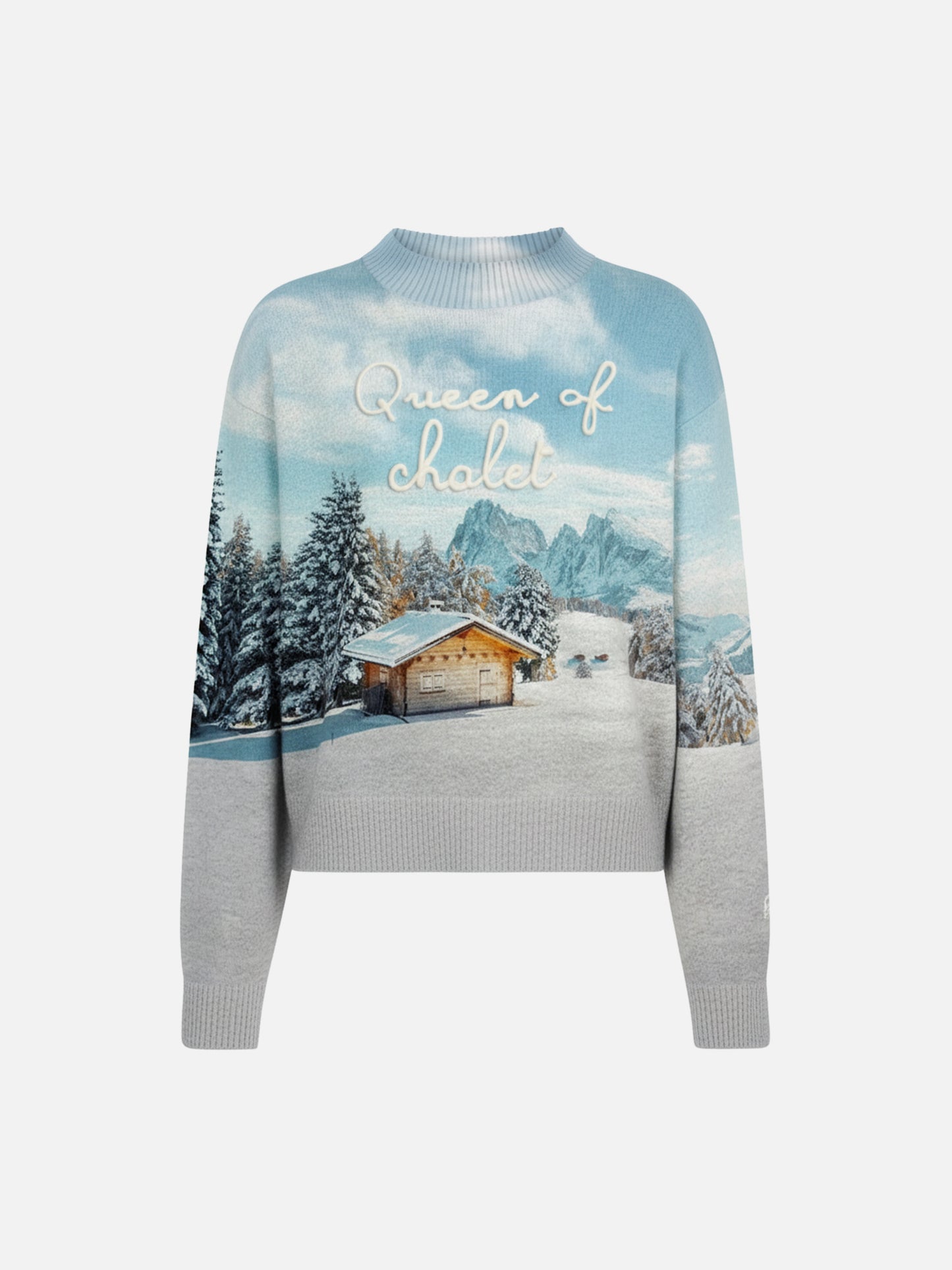 White crewneck Louise Jr with chalet print and Queen of Chalet embroidery