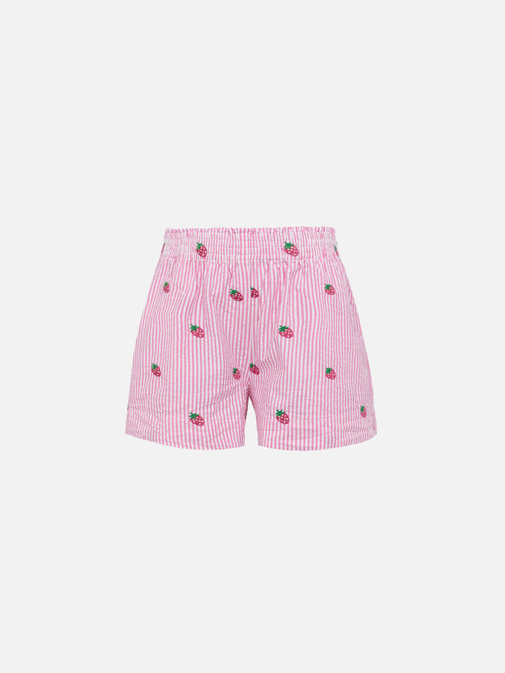 Meave Jr – Pull-Up-Shorts aus Baumwoll-Seersucker mit Erdbeerstickerei