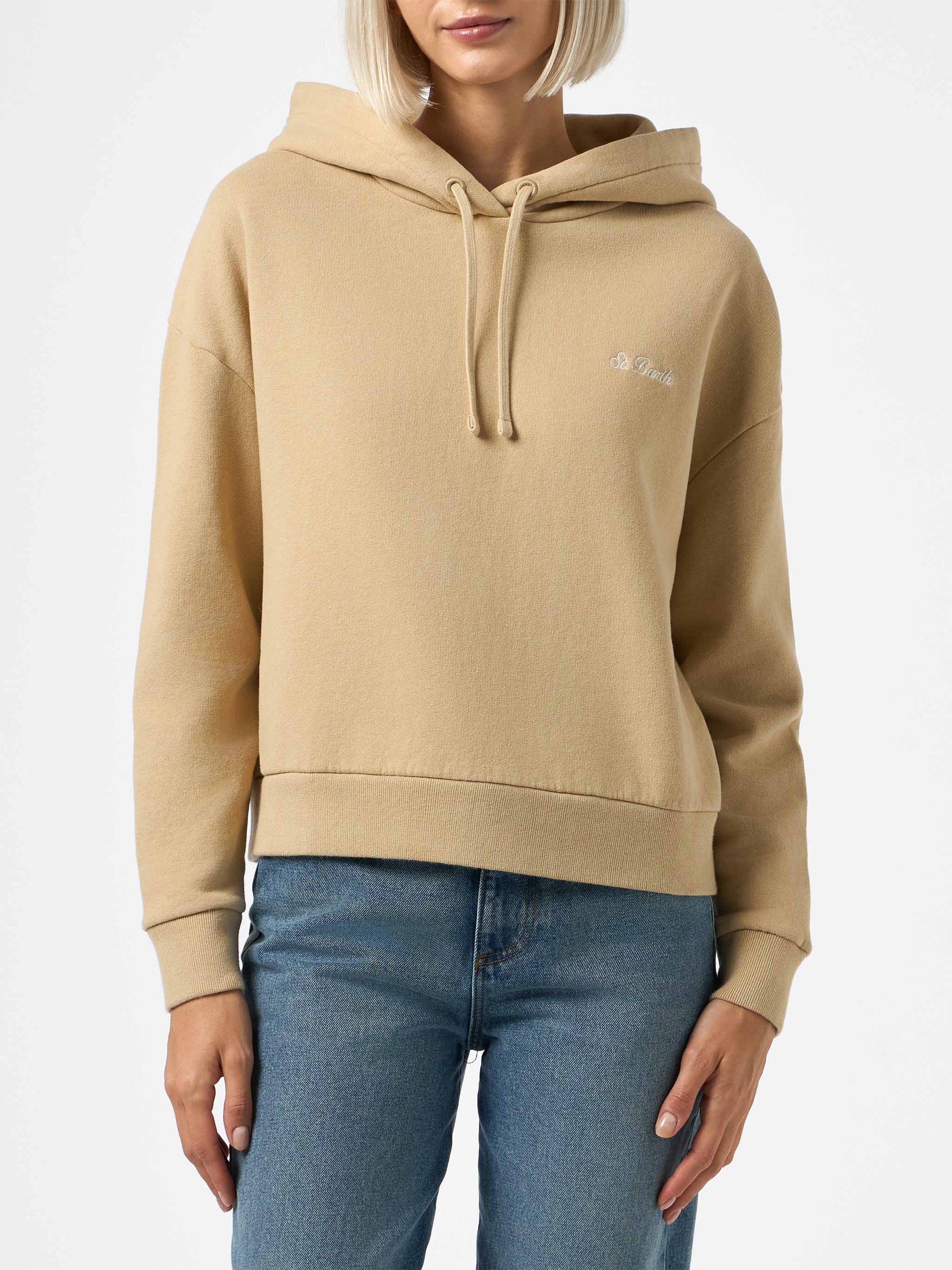 Woman beige fleeced cotton hooded sweatshirt Mindy - MC2 Saint Barth