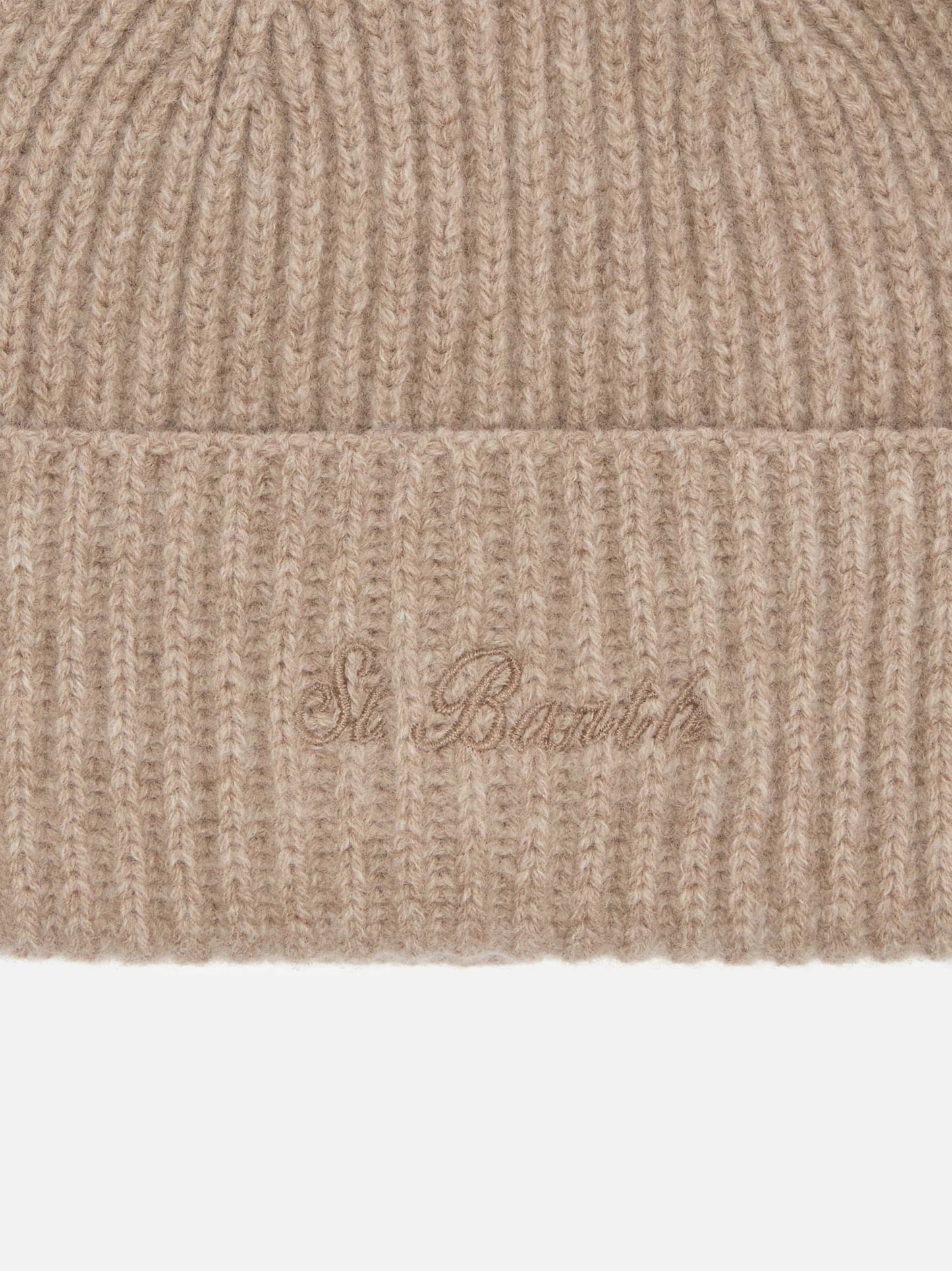Moss Beanie in khaki ribbed knit with St. Barth embroidery