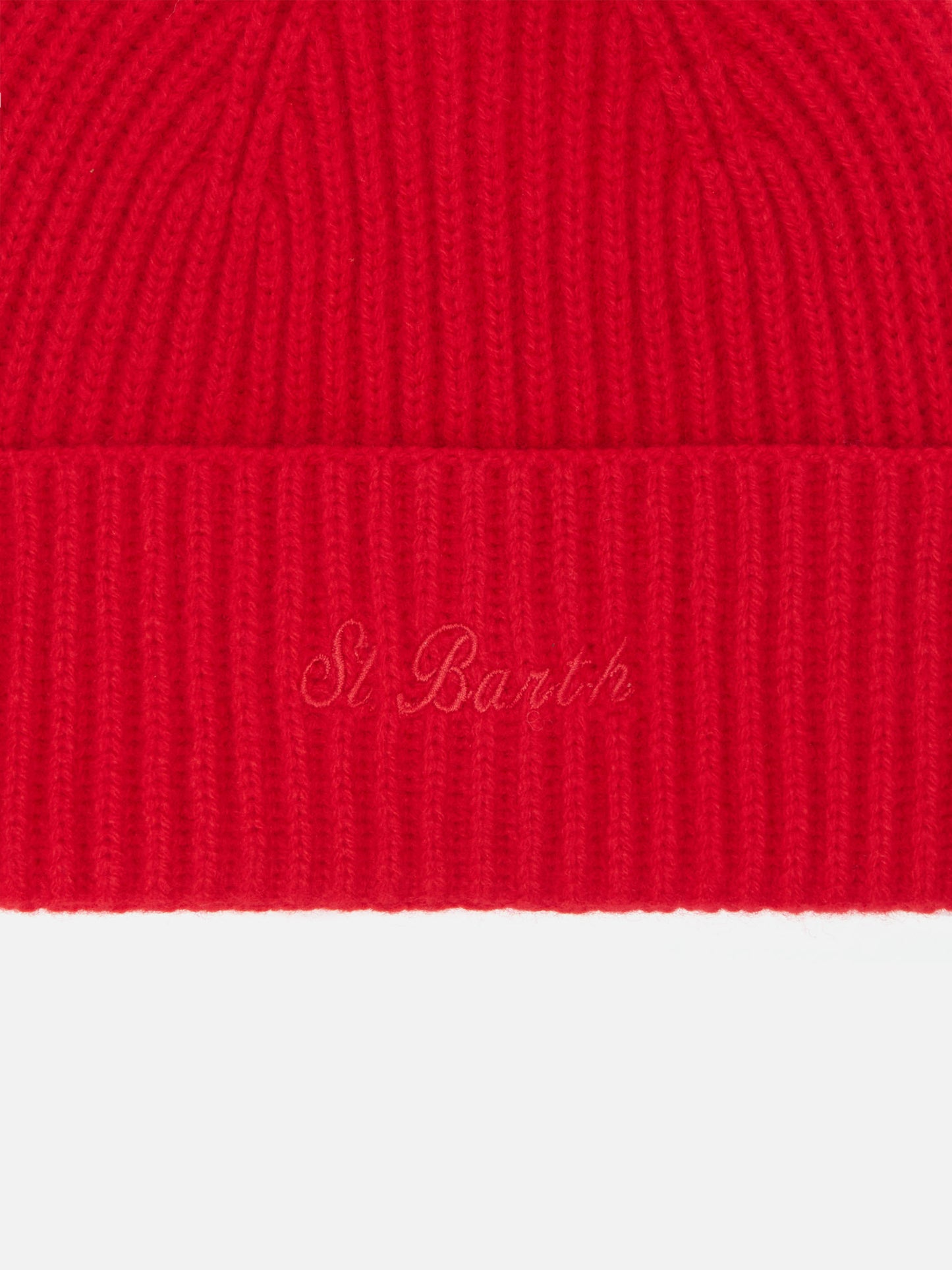 Moss Beanie in red ribbed knit with St. Barth embroidery