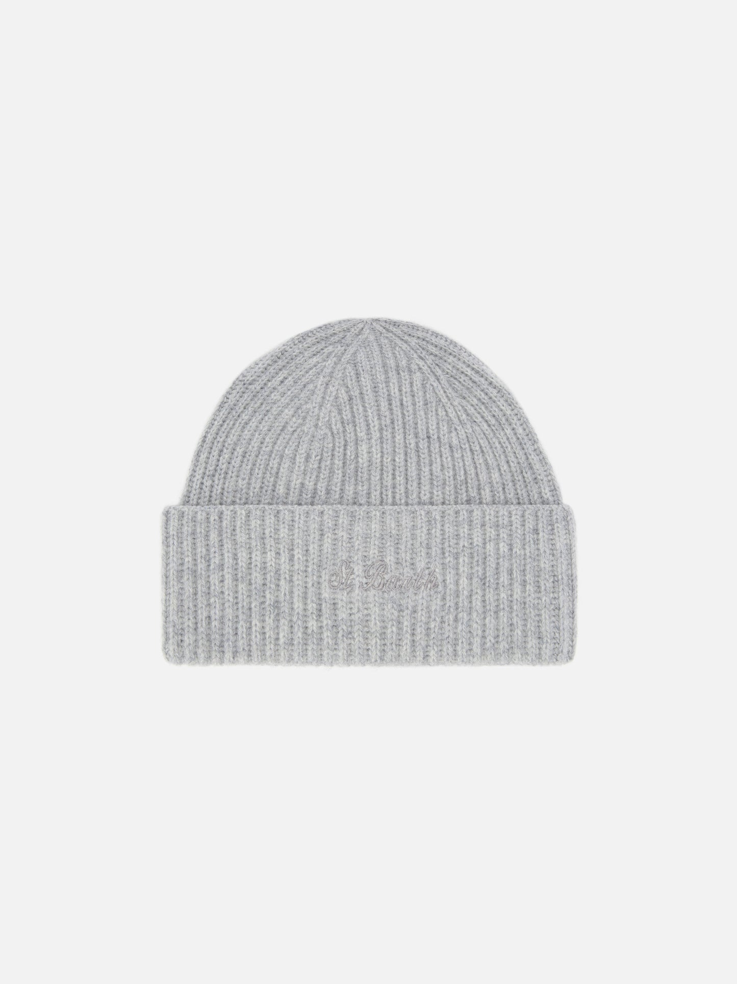 Moss Beanie in gray melange ribbed knit with St. Barth embroidery