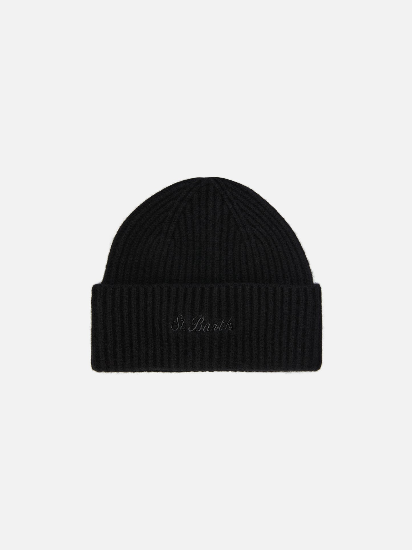 Moss Beanie in black ribbed knit with St. Barth embroidery