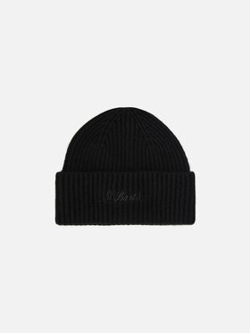Moss Beanie in black ribbed knit with St. Barth embroidery