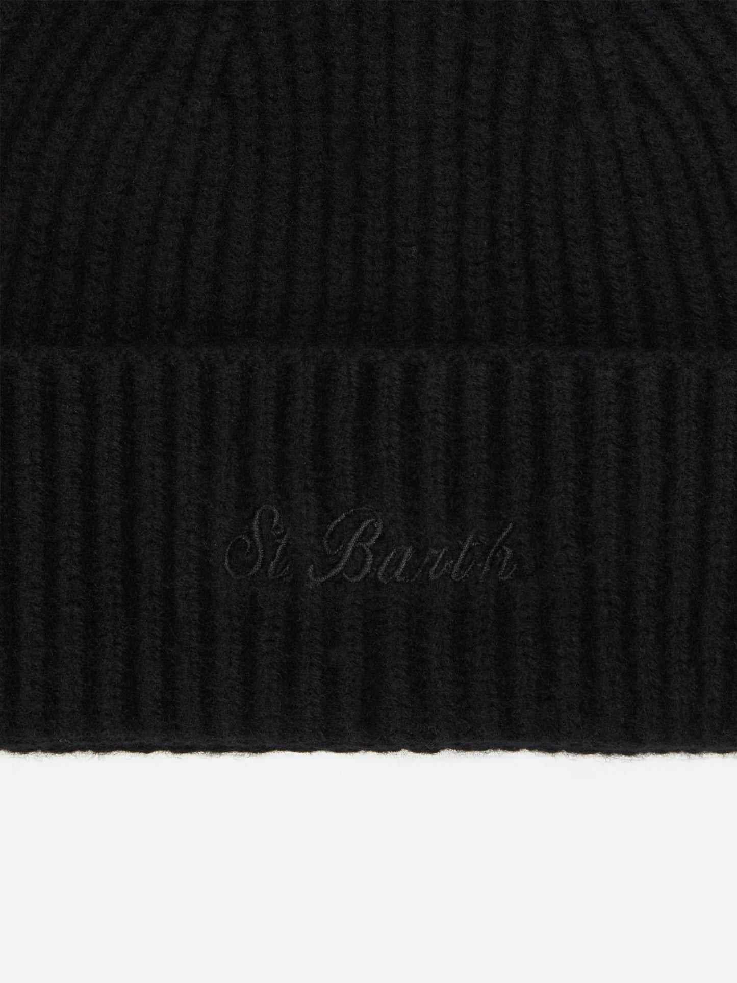 Moss Beanie in black ribbed knit with St. Barth embroidery
