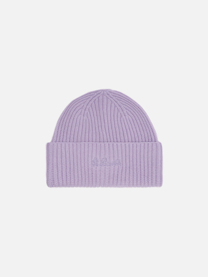 Berretto Moss in maglia lilla a coste con ricamo St. Barth