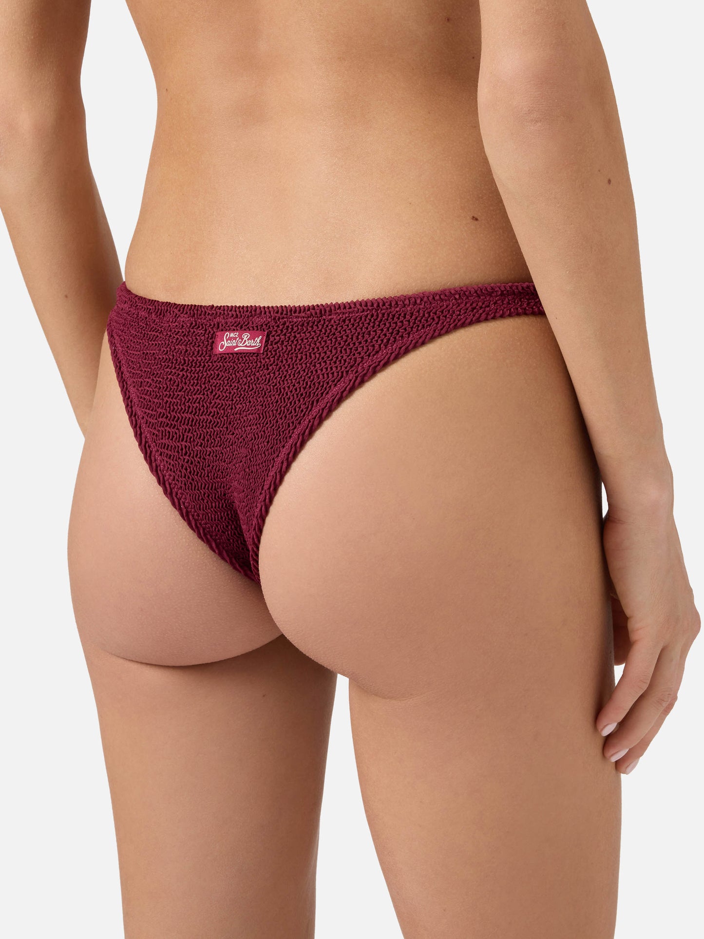 Naomi brazilian bikini bottoms in burgundy crinkle fabric
