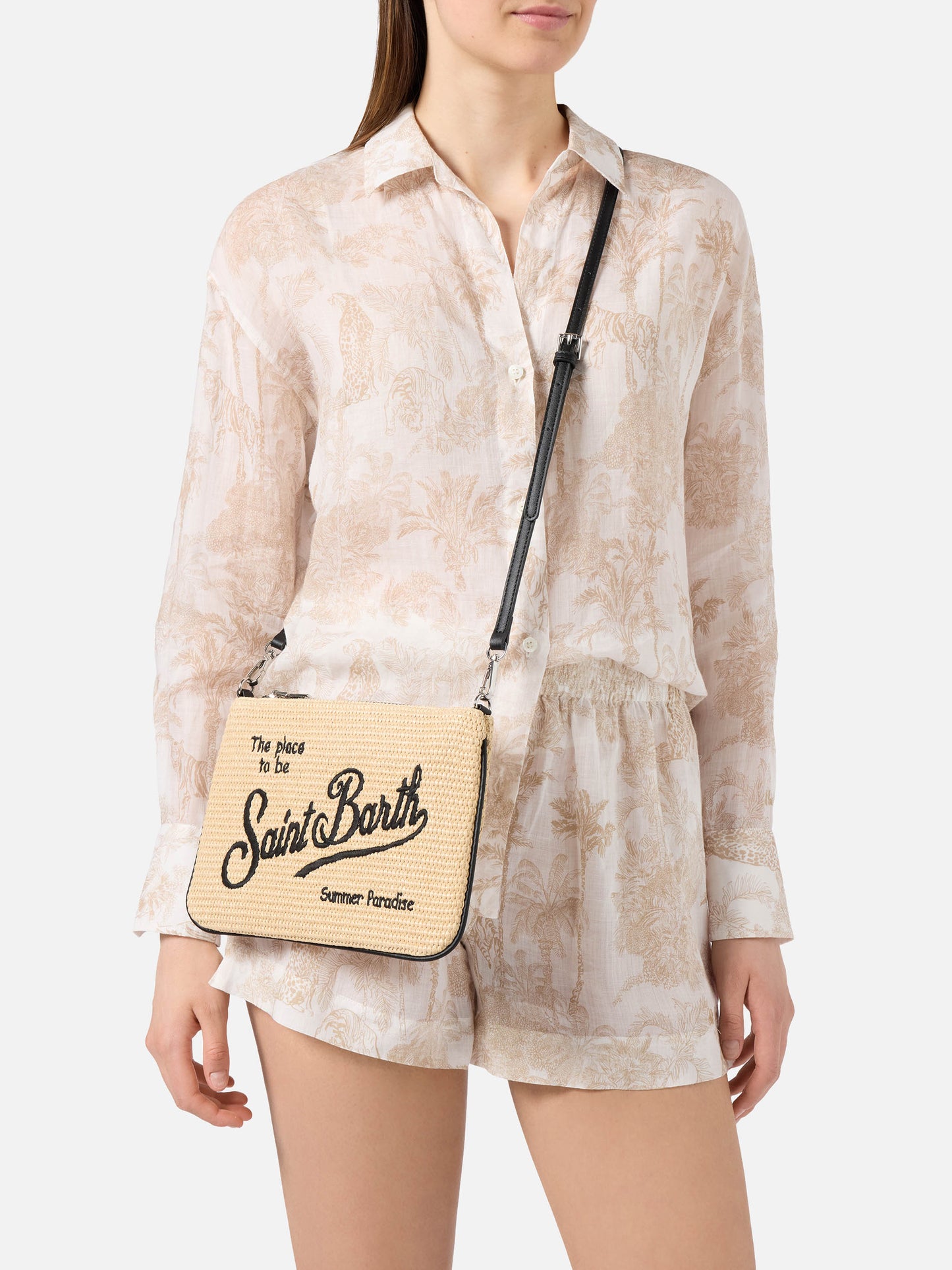 Parisienne solid color pouch with embroidered black logo and removable strap