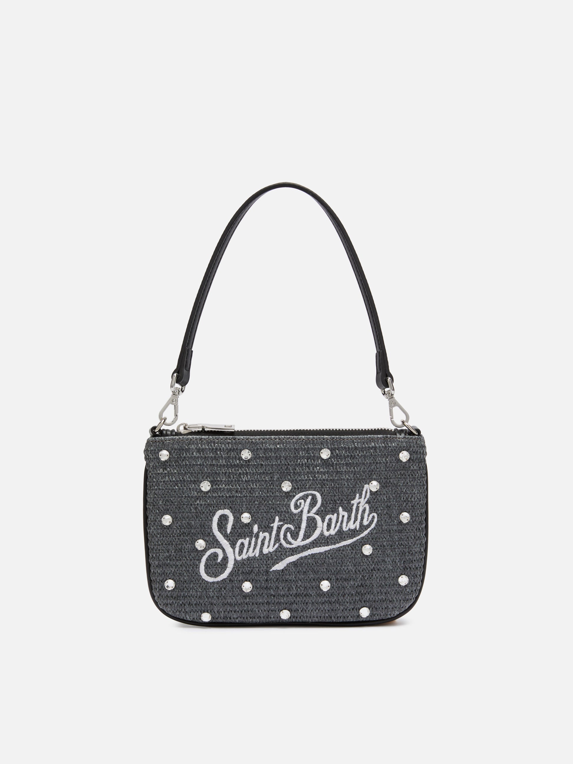 Black Parisienne Straw mini pouch bag with rhinestone embellishment - MC2 Saint Barth