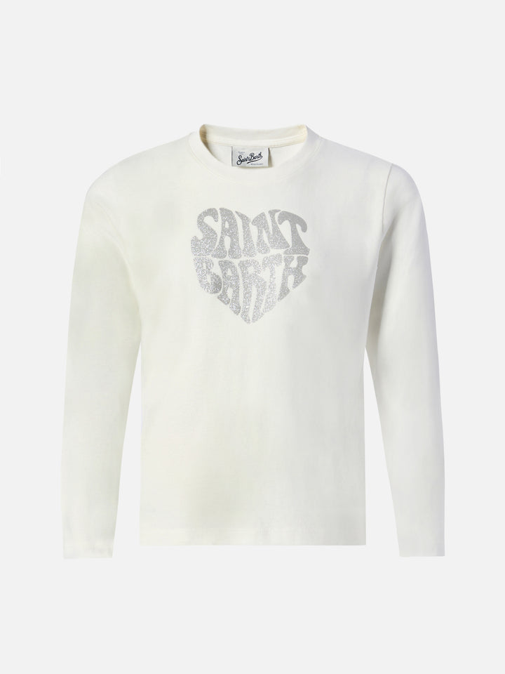 T-shirt Penny in cotone bianco a maniche lunghe con applicazione Saint Barth in glitter argento