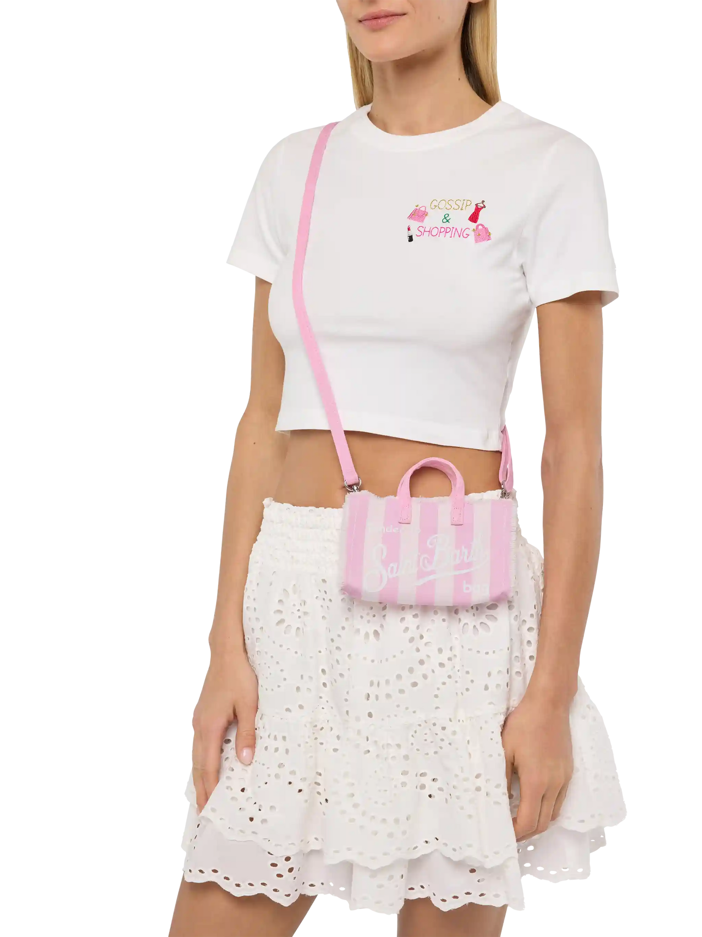 Phone Bag in canvas di cotone con stampa a righe rosa