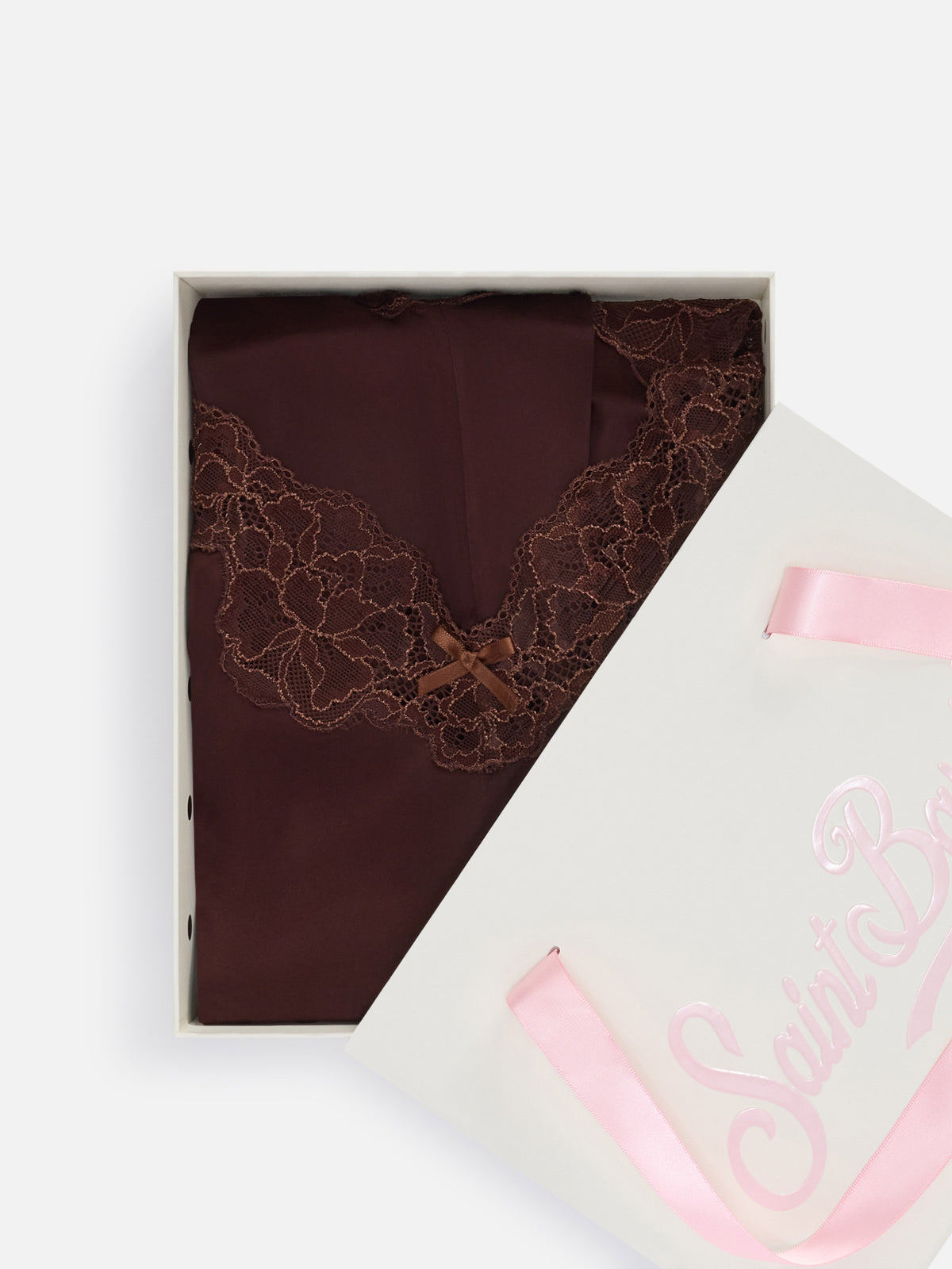 Dunkelbraunes Pilar Oberteil- und Shorts-Set mit Spitze