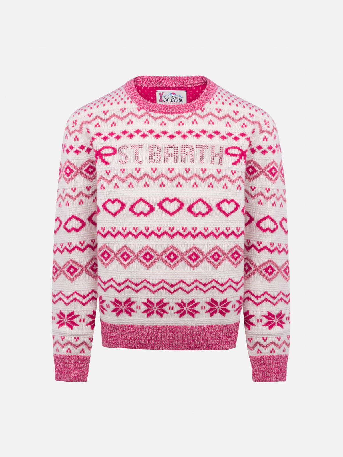 Girl fair-isle crewneck sweater Princess with St. Barth rhinestones logo - MC2 Saint Barth