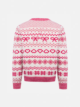 Girl fair-isle crewneck sweater Princess with St. Barth rhinestones logo - MC2 Saint Barth