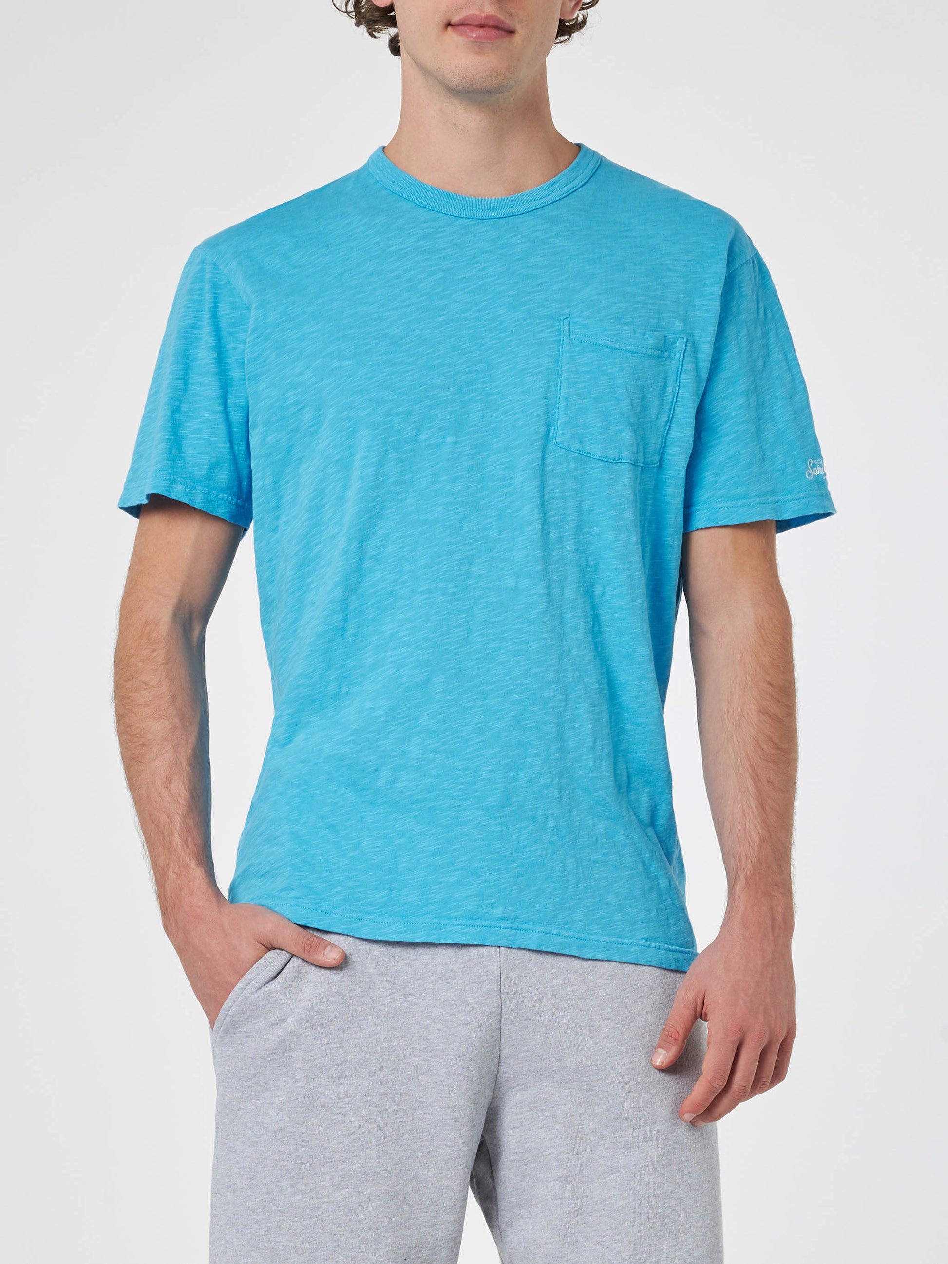 Man bluette flamed cotton t-shirt President with embroidery - MC2 Saint Barth