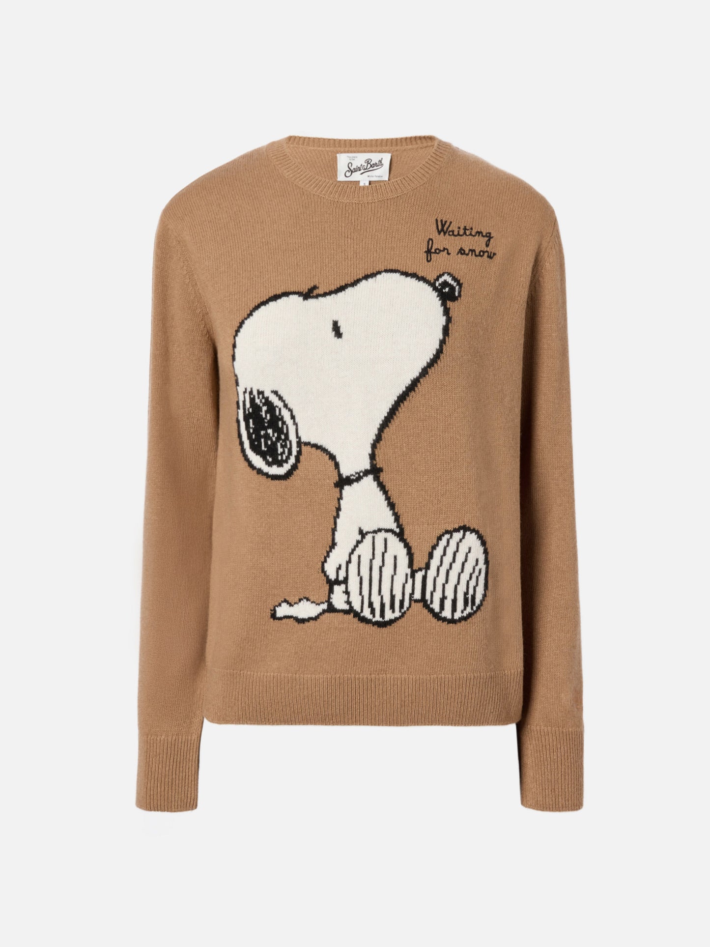 Neuer Queen-Pullover aus Kaschmirmischung in Kamel mit Snoopy-Jacquardmuster und Stickerei | PEANUTS-SONDEREDITION
