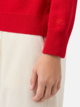 Maglione New Queen in misto cashmere rosso con jacquard Fatemi Santa