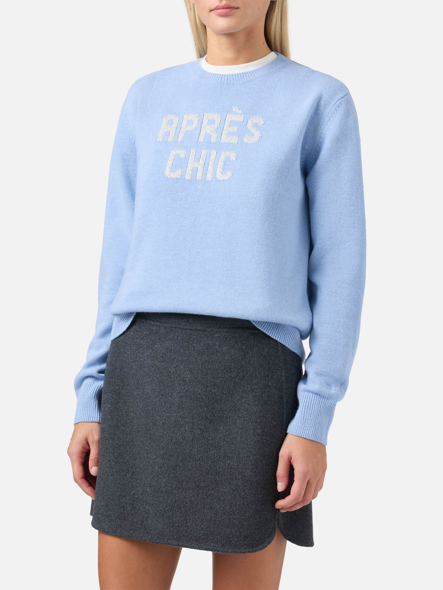 New Queen cashmere-blend sweater in light blue with Après Chic jacquard