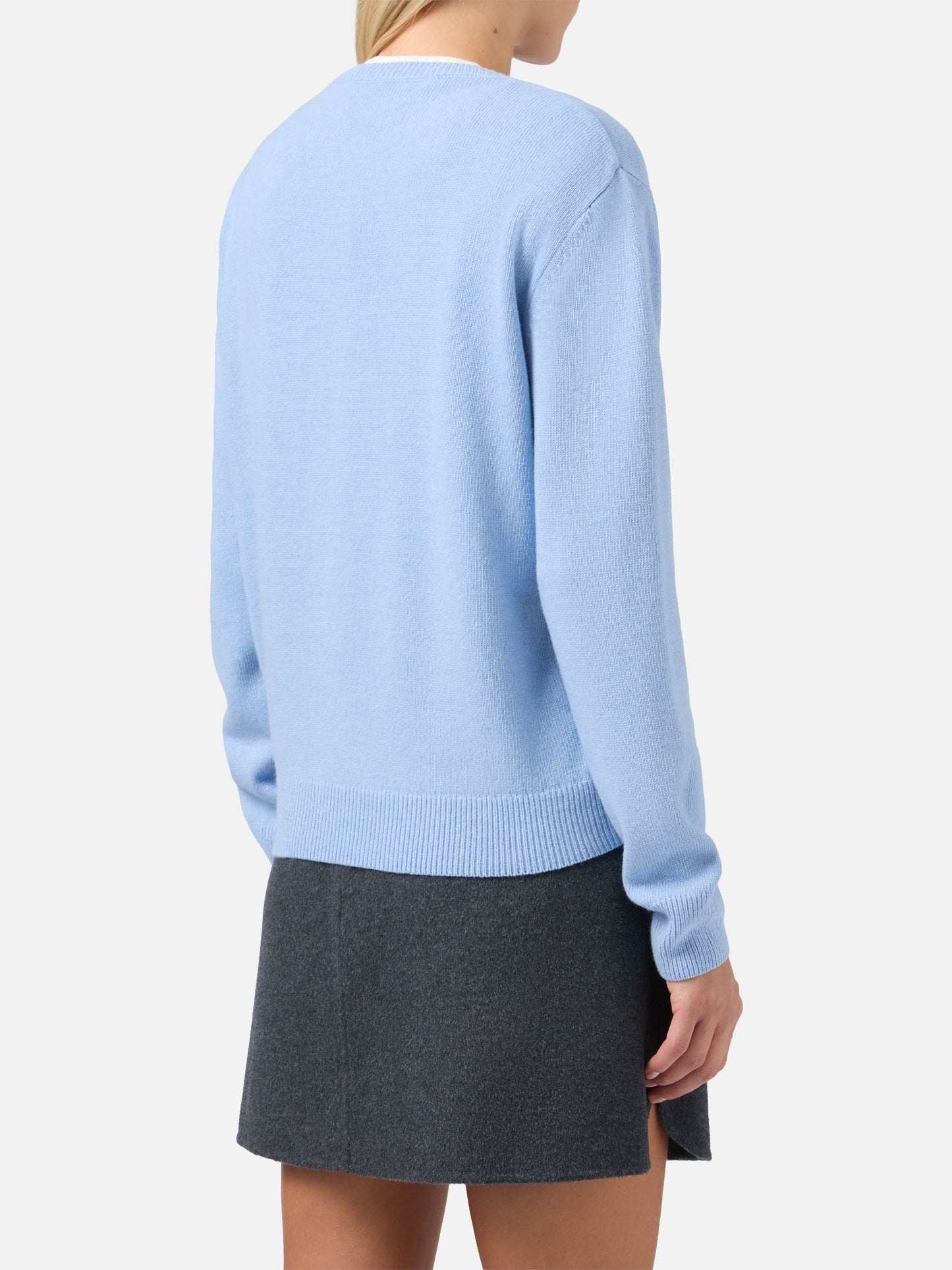 New Queen cashmere-blend sweater in light blue with Après Chic jacquard