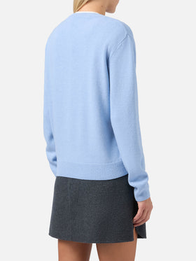 New Queen cashmere-blend sweater in light blue with Après Chic jacquard
