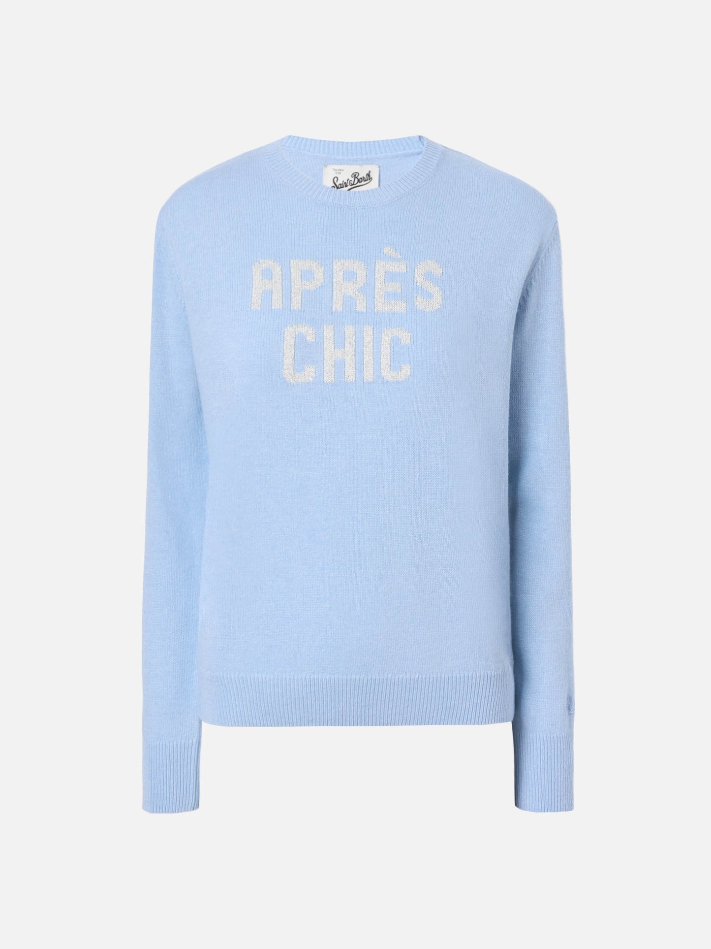New Queen cashmere-blend sweater in light blue with Après Chic jacquard