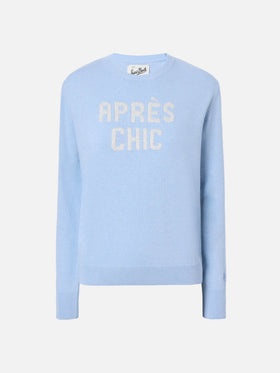 New Queen cashmere-blend sweater in light blue with Après Chic jacquard