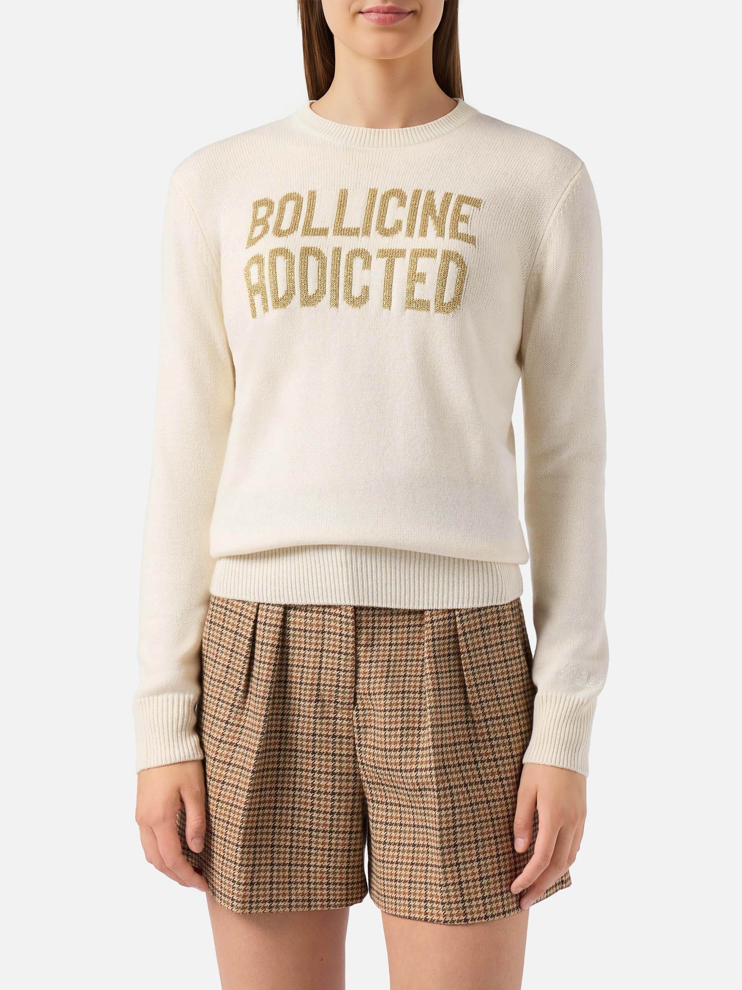 Maglione New Queen in misto cashmere bianco con jacquard lurex Bollicine Addicted