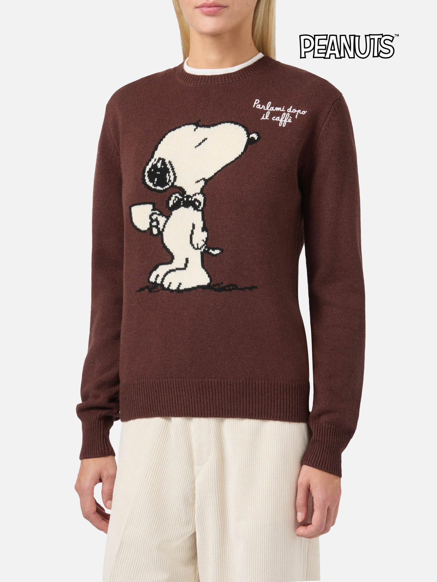 New Queen cashmere-blend sweater in brown with Snoopy jacquard and embroidery | PEANUTS SPECIAL EDITION