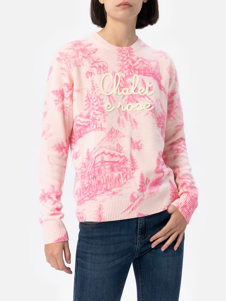 Woman pink sweater New Queen with toile de jouy print and Chalet e Rosè embroidery - MC2 Saint Barth