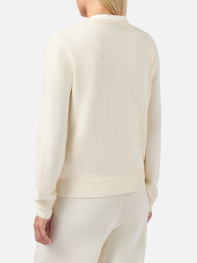 New Queen cashmere-blend sweater in white with Sono molto tonica embroidery