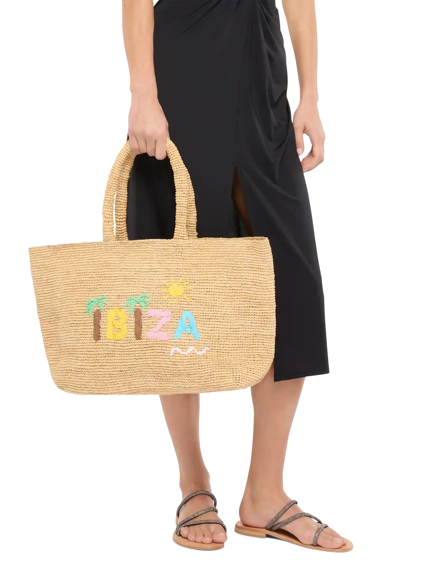 Beige Raffia Beach bag with cotton pouch and Ibiza embroidery - MC2 Saint Barth