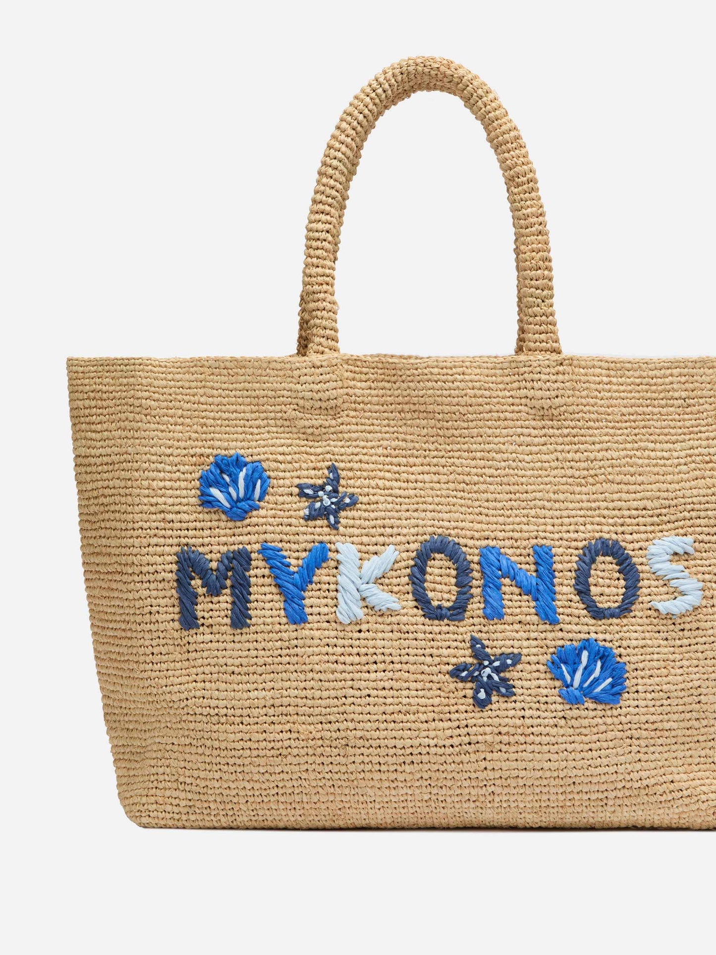 Rafia Beach Bag beige con pochette interna in cotone e ricamo Mykonos