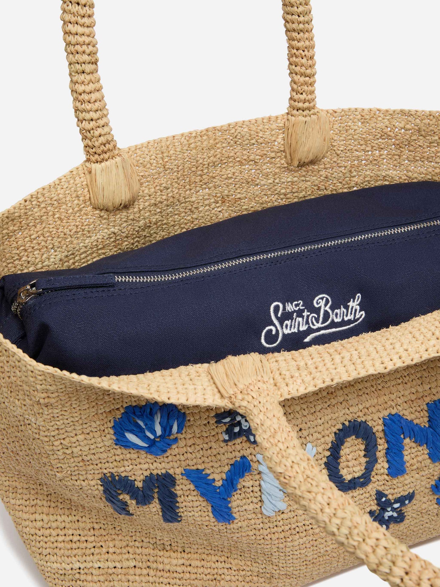 Rafia Beach Bag beige con pochette interna in cotone e ricamo Mykonos