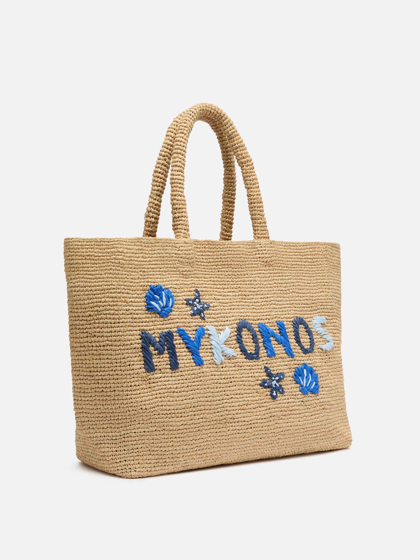 Rafia Beach Bag beige con pochette interna in cotone e ricamo Mykonos
