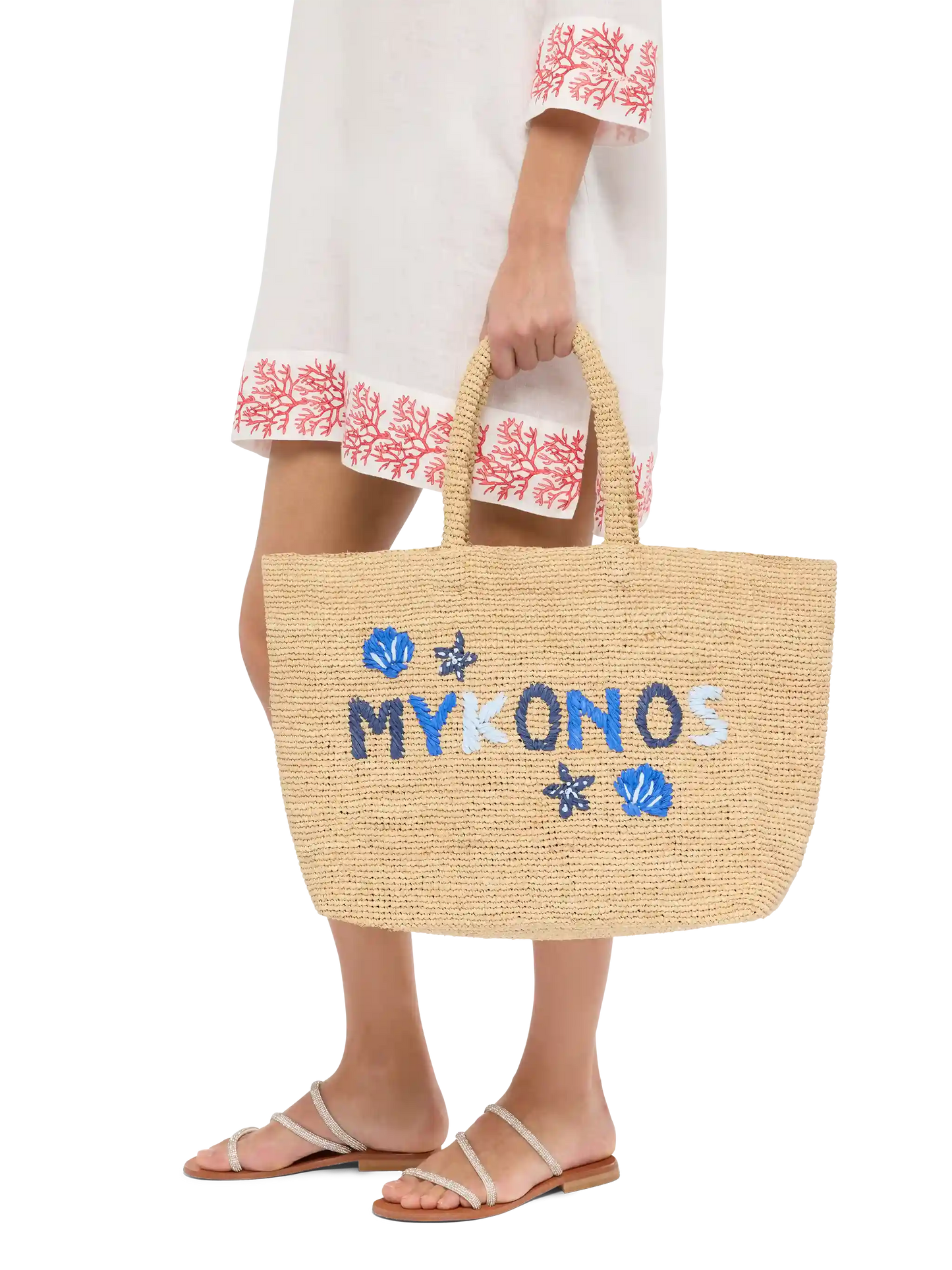 Rafia Beach Bag beige con pochette interna in cotone e ricamo Mykonos