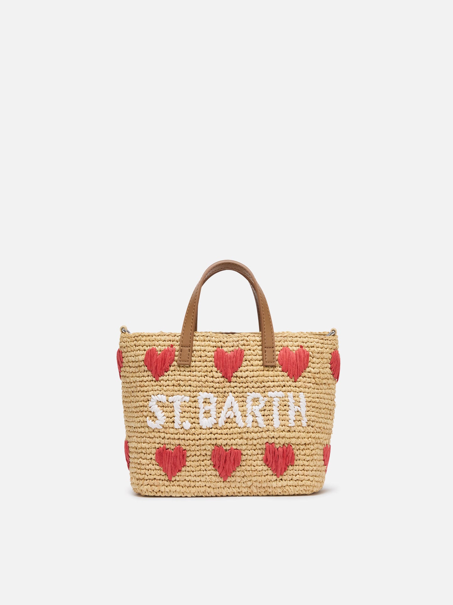 Beige Raffia City Mini-Tasche mit Herzstickerei