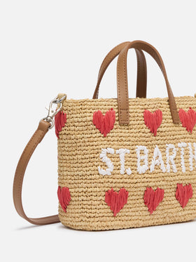 Beige Raffia City Mini-Tasche mit Herzstickerei