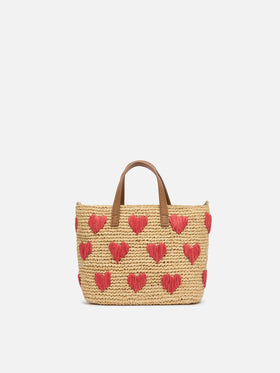 Beige Raffia City Mini-Tasche mit Herzstickerei