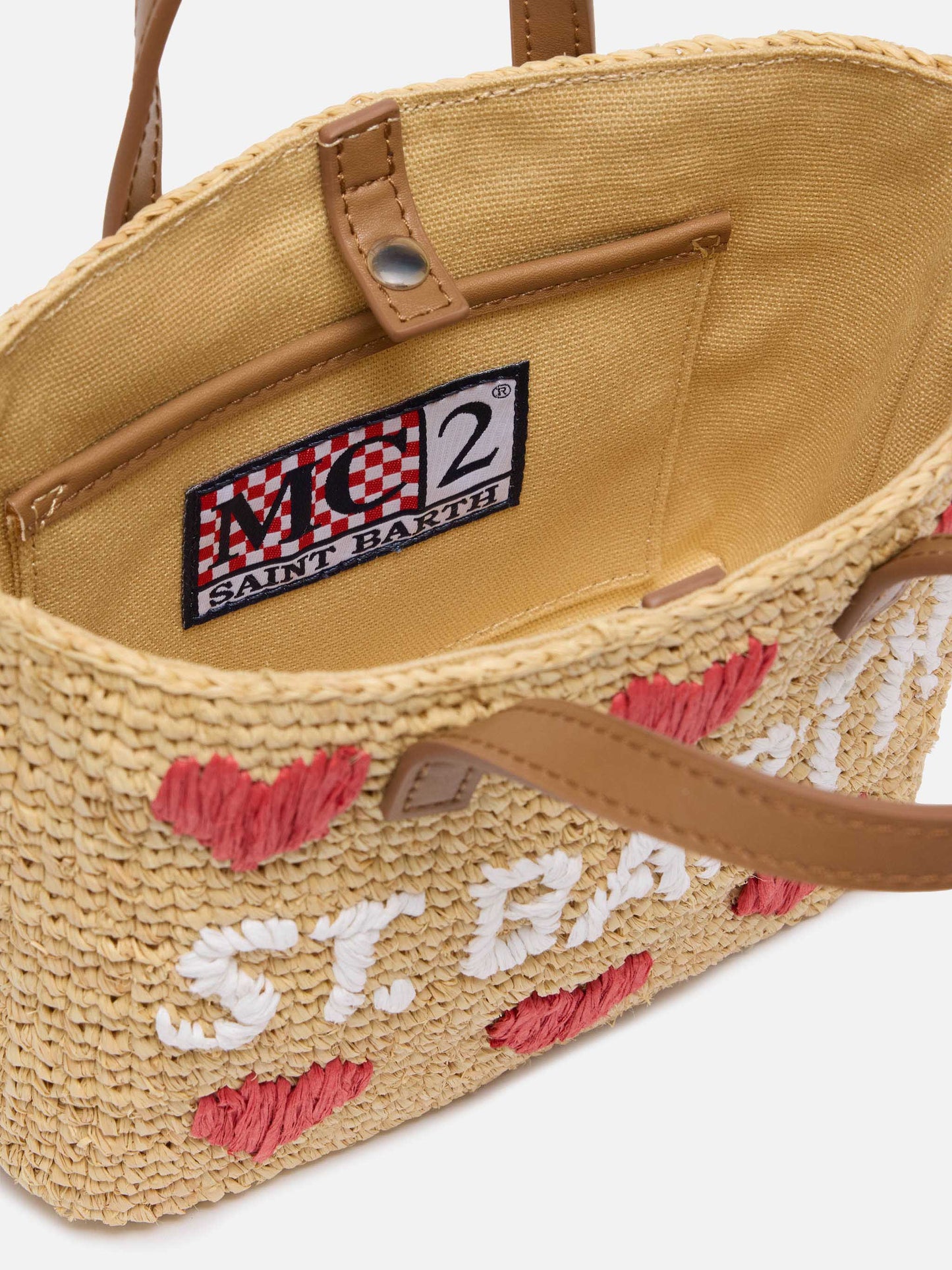 Beige Raffia City Mini-Tasche mit Herzstickerei