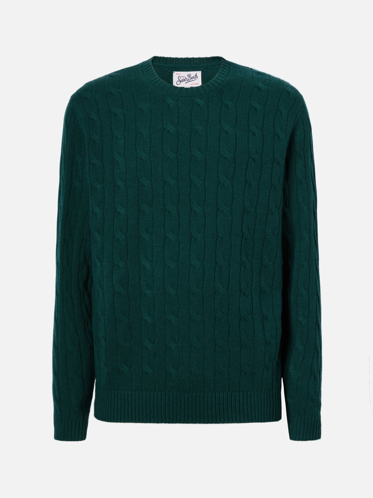 Crewneck cable-knit sweater Regent in British green 100% WOOL