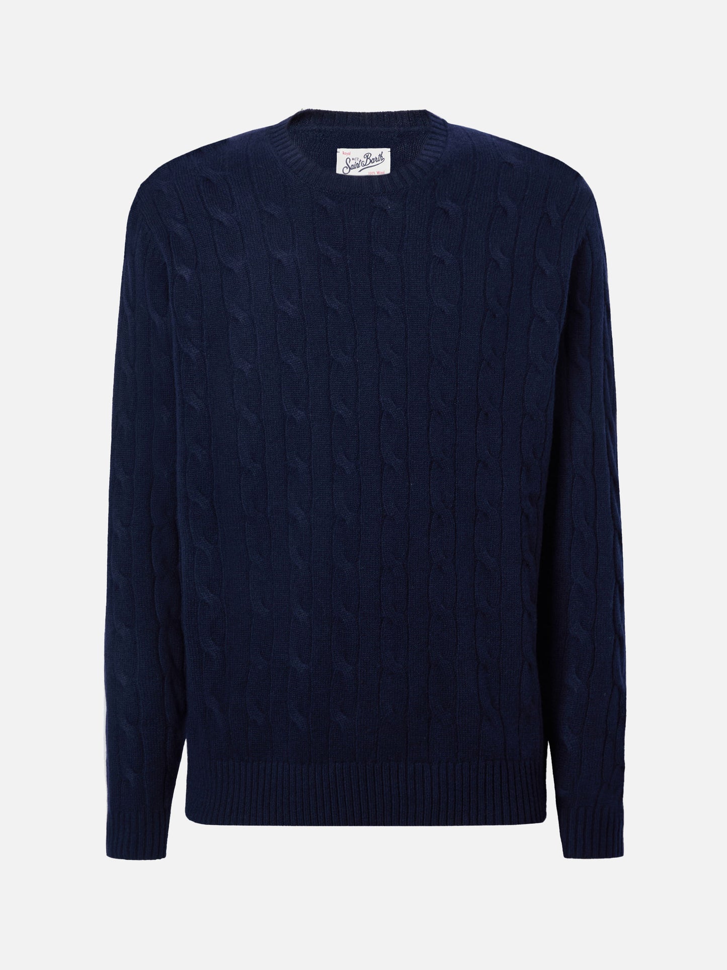 Maglione girocollo Regent a trecce in 100% LANA blu notte