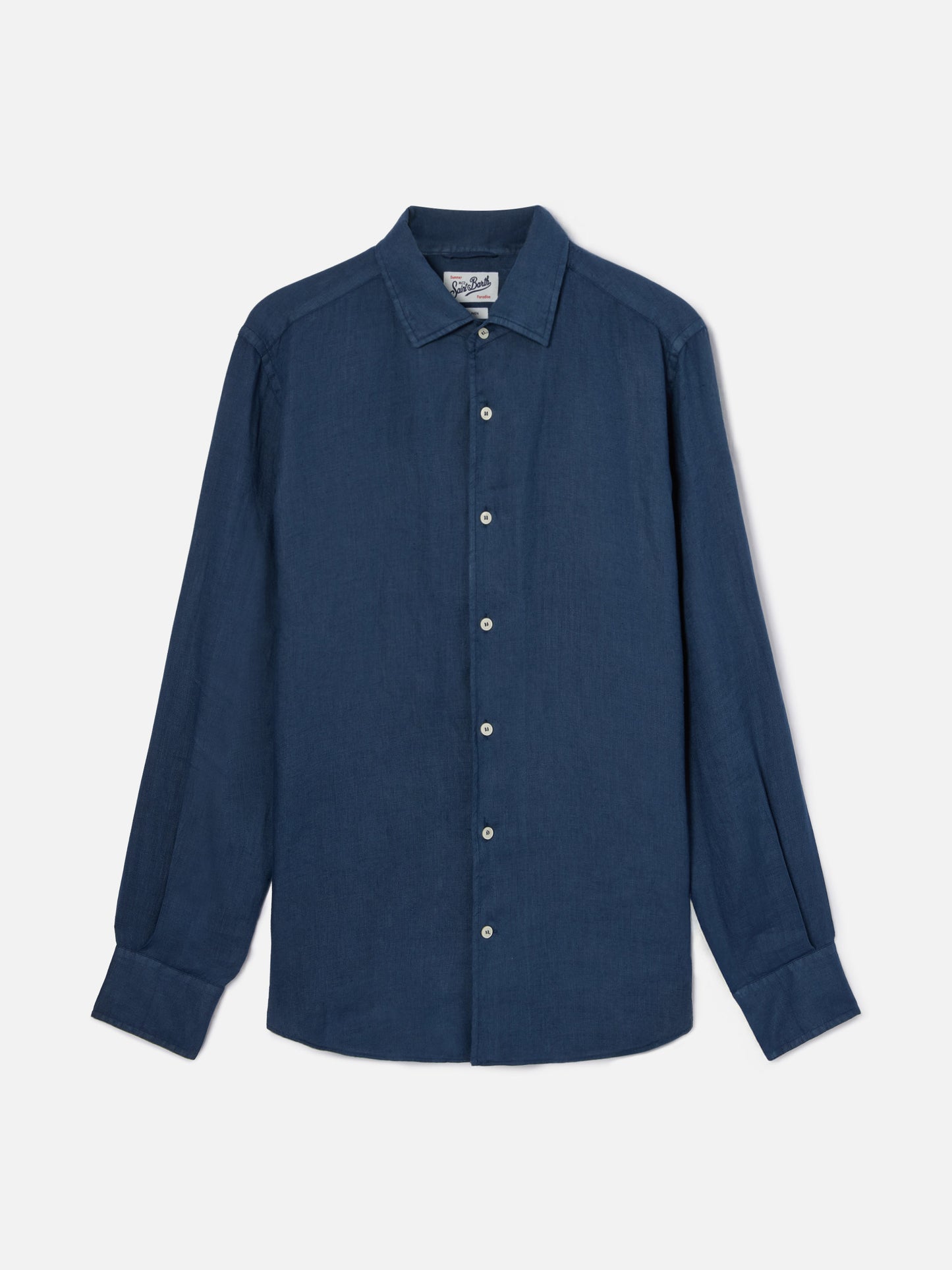 Camicia Raphael blu navy in lino con tintura minerale