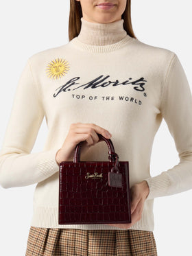 Shop Bag Mini Handbag in burgundy crocodile-print leather