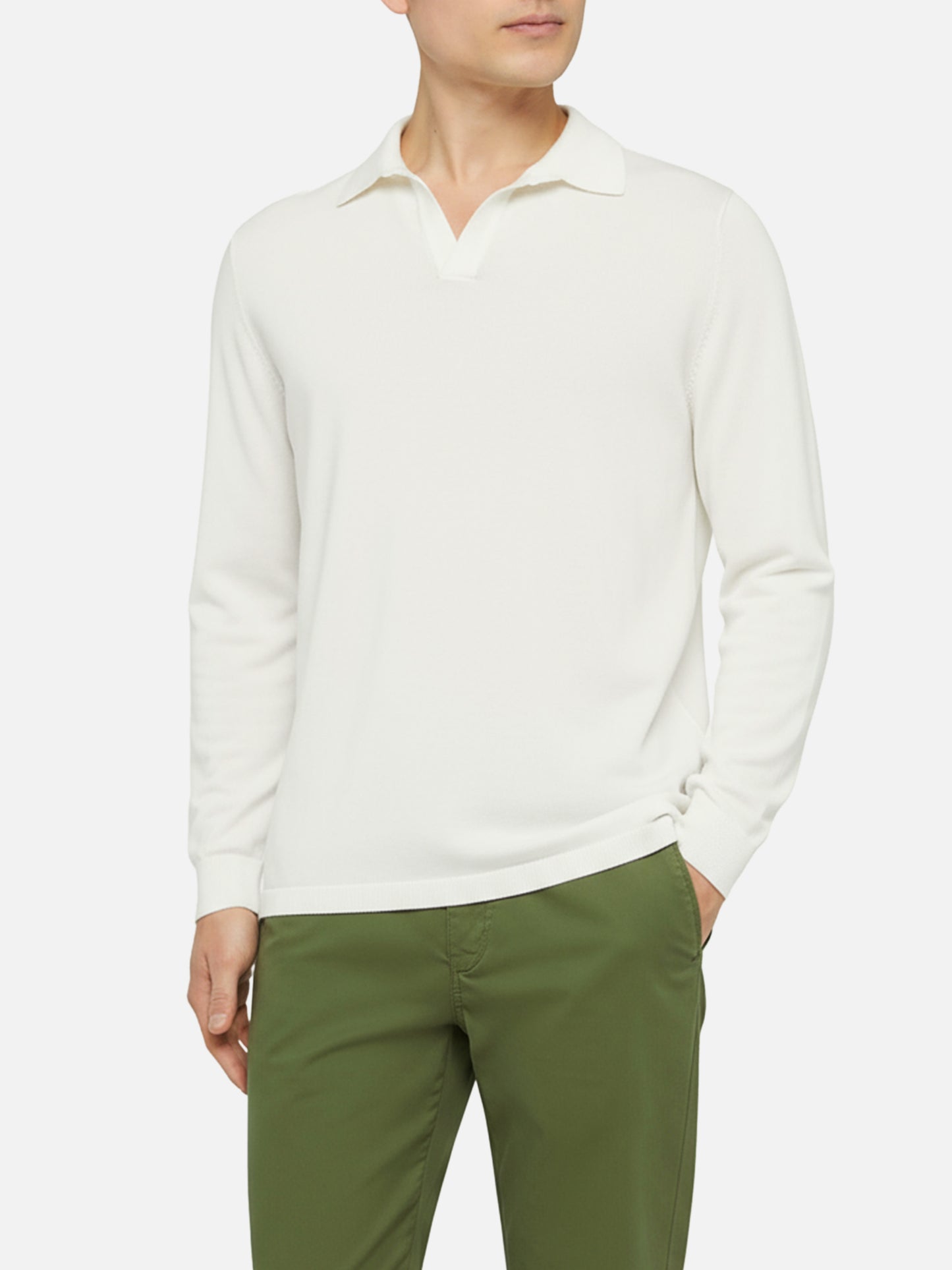 Sloan white buttonless knitted polo shirt with long sleeves