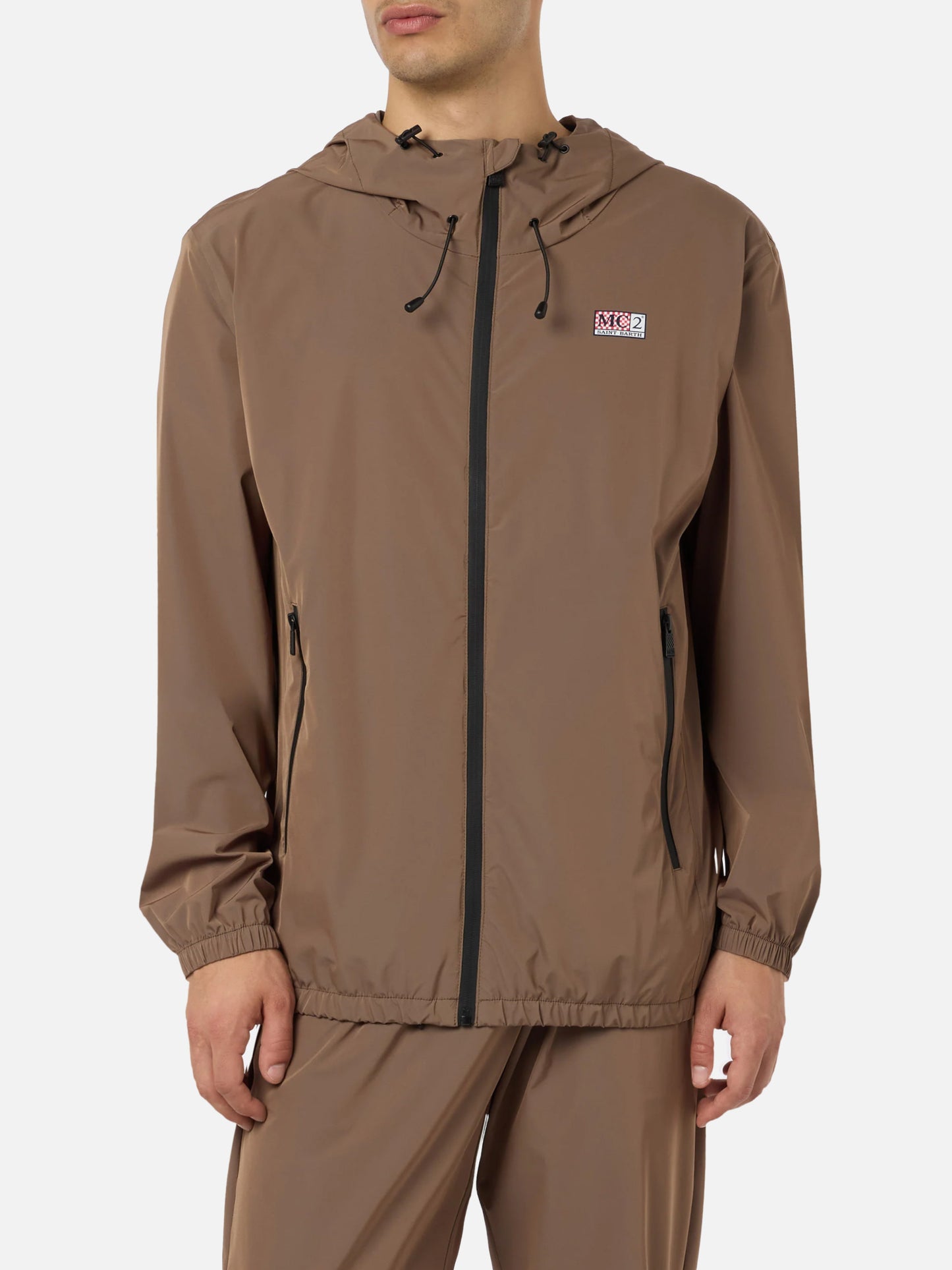 Giacca a vento da uomo Solaro in tessuto leggero verde kaki con cappuccio