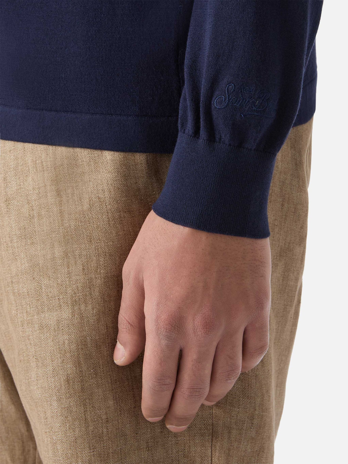 Sloan long-sleeve solid blue polo in premium high-twist cotton