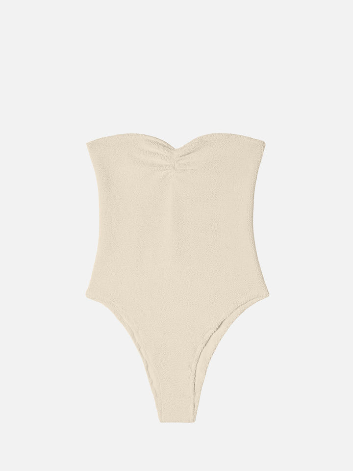 Soleil beige crinkle strapless one-piece swimsuit
